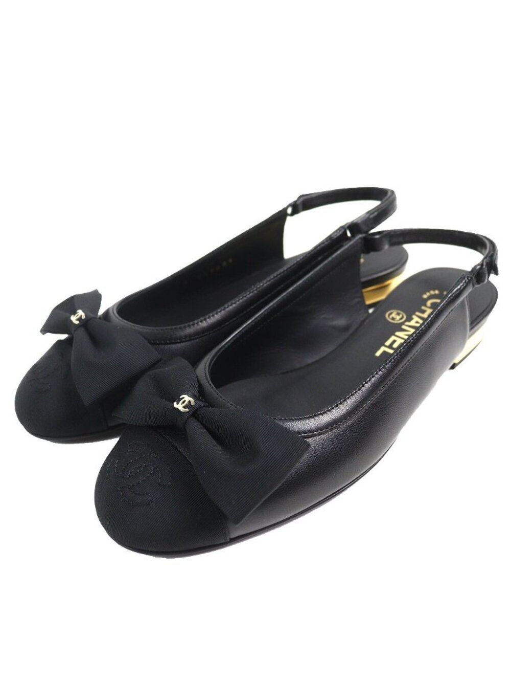 Chanel CC Logo Ribbon Slingback Lambskin Pumps Black Heels